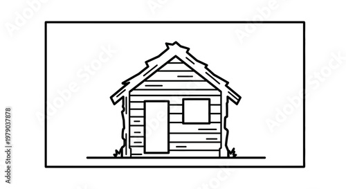 Rustic Log Cabin Illustration: Simple Wooden House with Thatched Roof