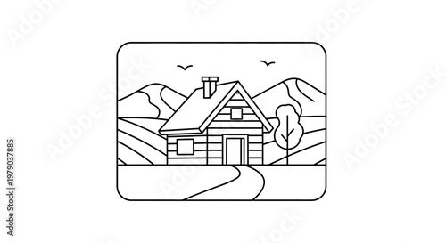Rustic Log Cabin in Scenic Mountain Landscape, Outline Art