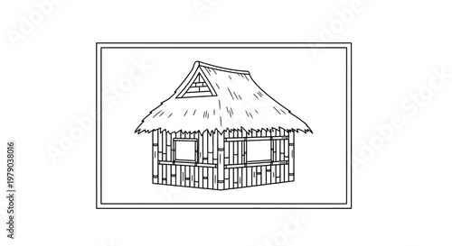 Simple Bamboo Hut with Thatched Roof, Tropical Dwelling Outline