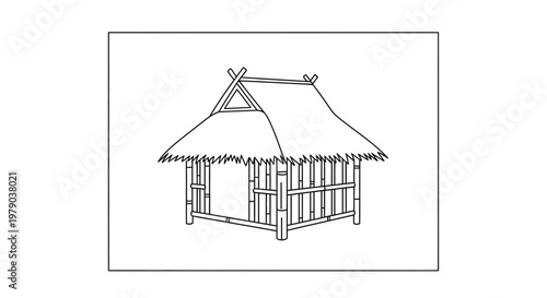 Simple Bamboo Hut with Thatched Roof, Traditional Tropical Dwelling, Outline Drawing