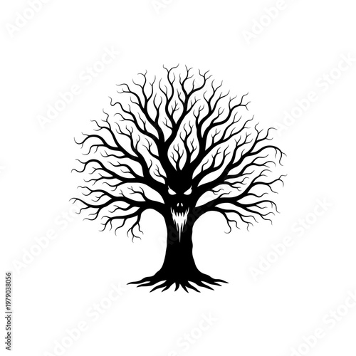 Black scary bare tree with face and sharp teeth halloween theme concept.