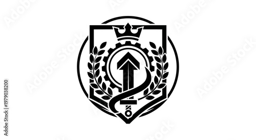 Black and white heraldic crest with crown, gear, laurel wreath, sword, and upward arrow.