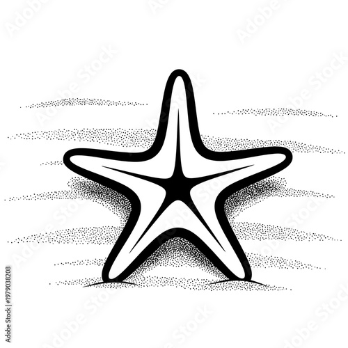 Black and white illustration of a starfish on a sandy seabed