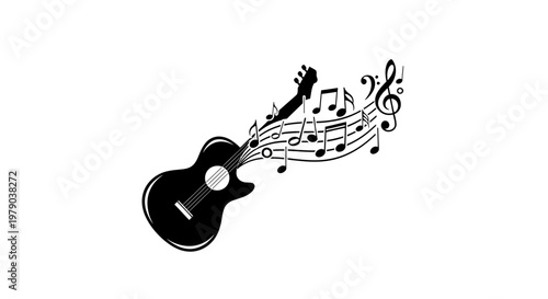 Acoustic Guitar with Musical Notes and Clef, Black Silhouette