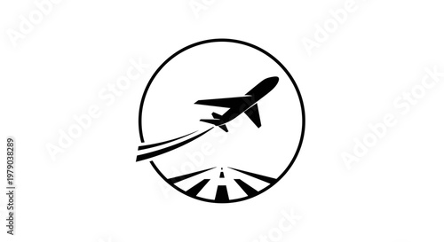 Airplane taking off inside a circle, vector logo