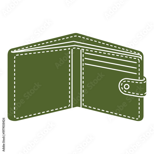 A green leather wallet is open, showing its interior compartments and card slots.