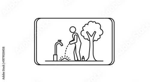 Man urinating outdoors near a tree and a water tap, public urination concept