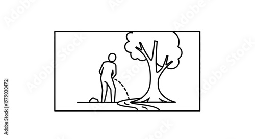 Man urinating outdoors near a tree and stream, line art illustration