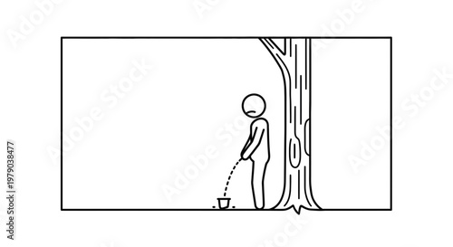 Man Urinating Outdoors Near Tree, Public Restroom Concept