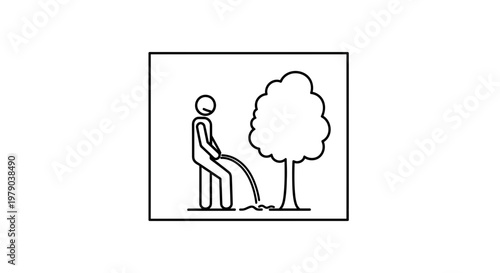 Man Urinating Outdoors Next to a Tree, Simple Line Art Illustration
