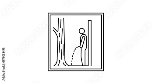 Man urinating outdoors next to a tree, public restroom symbol concept