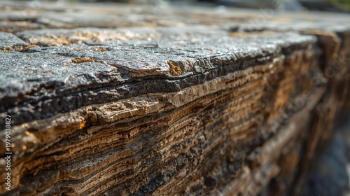 Close-up texture of stratified sedimentary rock with layered patterns and rough surface