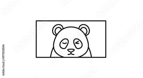 Sad Panda Face Icon, Cute Animal Illustration, Black and White Line Art