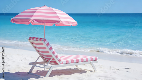 Relaxing pink striped beach chair and umbrella on a pristine white sand beach with turquoise ocean background.