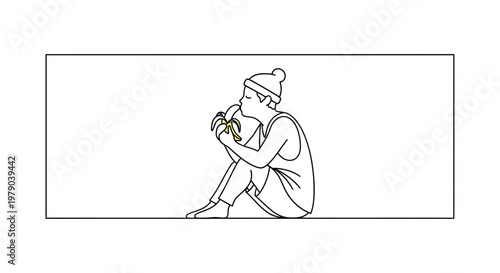 Minimalist Line Art: Person in Beanie Eating Banana, Sitting Barefoot