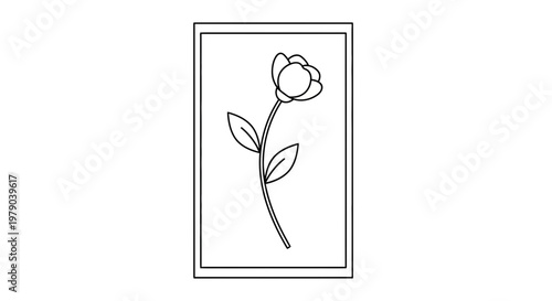 Minimalist Outline Drawing of a Single Flower with Leaves in a Frame