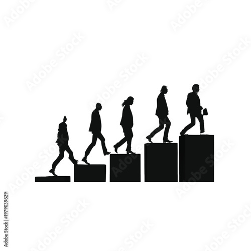 Businesspeople ascend a series of rising platforms to demonstrate the incremental steps taken to achieve professional excellence and long-term career stability in a fast-paced world.