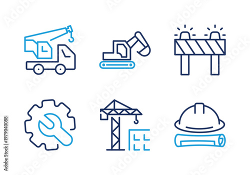 Heavy Machinery and Project Planning thin line icon set. Minimal web icons