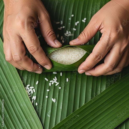 Hands Wrapping Traditional Sticky Rice in Green Banana Leaves