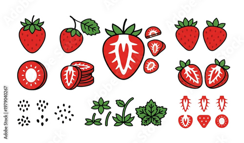 Stylized strawberry icon collection vector flat fruit set with slices and whole berries