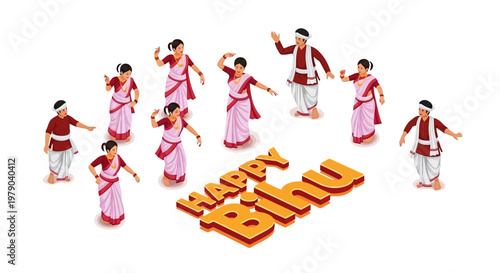 Isometric illustration of a group of people in traditional Assamese dress celebrating the Rongali Bihu festival with dance, set against a clean white background and featuring a joyful