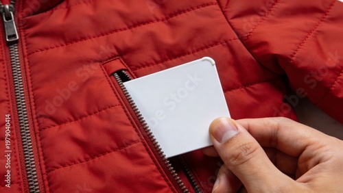 Blank White Card Being Inserted into Red Jacket Pocket Close Up Hand Minimal Flat Lighting Clean Identity Mockup with Zipper Detail