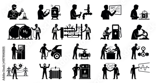 Hydrogen Energy Technology Silhouettes Set Pack. Editable Vector Stroke Illustration. featuring vector, graphic, illustration, engineering, industrial, worker, maintenance, energy more silhouettes.