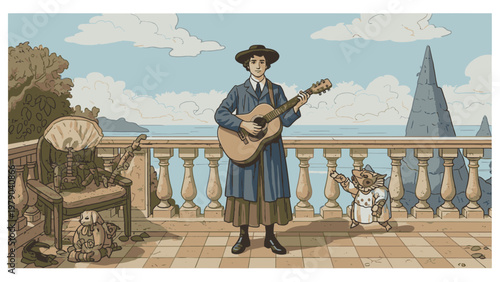 Illustration of a man playing guitar on a balcony with a scenic view and a dog.