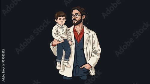 Illustration of a man in a white lab coat holding a toddler against a solid black background with a mix of warm and cool tones.