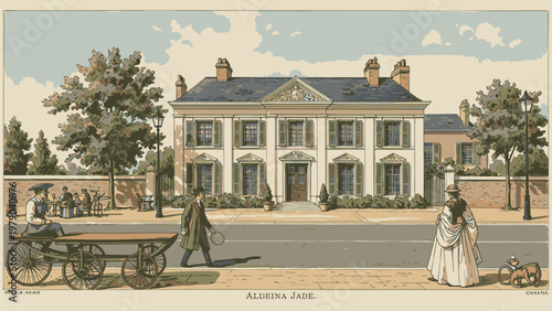 Illustration of a large white house with a woman in a long dress and a man near a cart on a street with trees and people in the background.