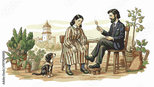 Vintage illustration of a man and woman sitting outdoors with a dog surrounded by plants and a distant building.