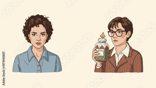Illustration of two cartoon business professionals, one with a neutral expression and the other holding a jar with a plant and decorative items, against a beige background.