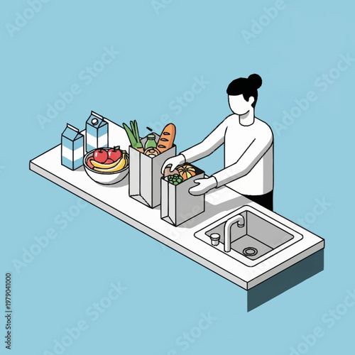Woman preparing grocery shopping at kitchen counter.