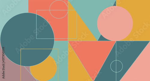 Colorful, geometric shapes including circles, squares, and triangles