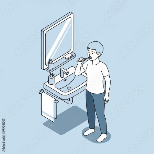 Man brushing teeth in bathroom.