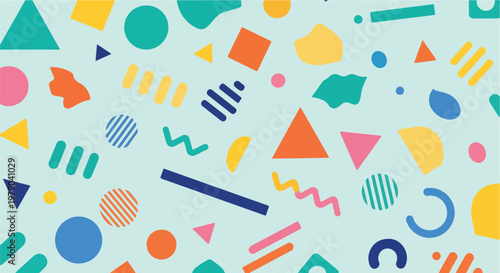 Colorful geometric shapes on a light blue background create a pattern