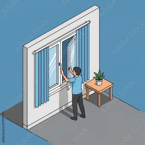 Man installing curtains on a window.