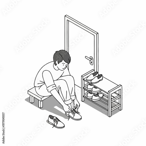 Man sitting on bench tying shoelaces.