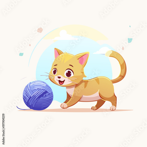 Adorable cartoon kitten happily playing with a vibrant blue yarn ball, showcasing playful pet fun and the charming innocence of a young animal
