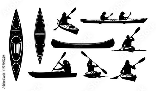 Kayak and Canoe Black Silhouette Vector Set Water Sport Kayaking SVG Collection