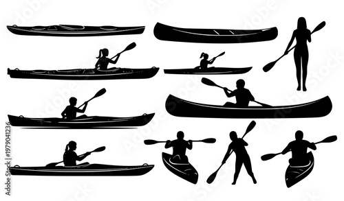Kayak Silhouette Vector Set Canoe and Woman Kayaking Black SVG Collection