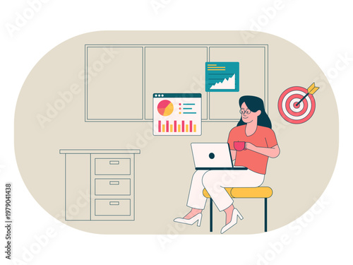 A businesswoman professional working remotely in a modern office setting. Workaholic illustrations. Flat vector concepts.