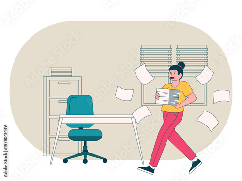 A stressed office worker overwhelmed by a massive workload. Workaholic illustrations. Flat vector concepts.