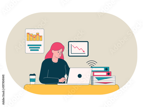 A woman focused on a laptop at a table with a pile of documents and a drink depicts concepts related to office work, freelancer, or being a workaholic. Workaholic illustrations. Flat vector concepts.