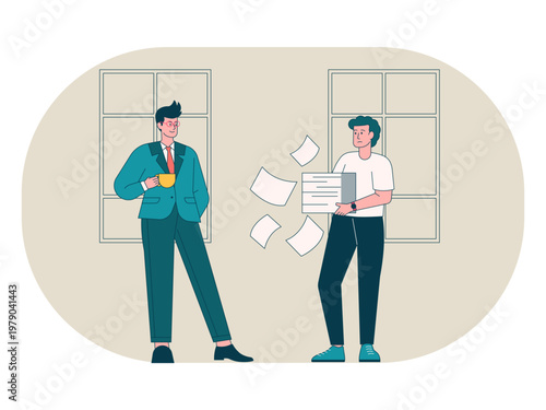 One person appears relaxed while the other handles a lot of paperwork, possibly signaling an imbalance in workload or project collaboration. Workaholic illustrations. Flat vector concepts.
