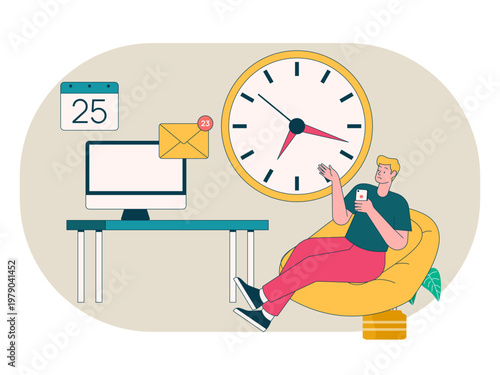 A man who feels overwhelmed or stressed due to time pressure and workload. Workaholic illustrations. Flat vector concepts.