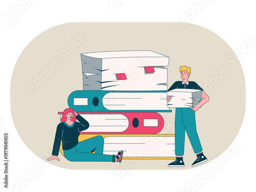 Office workers are overwhelmed by large piles of documents, folders, and books, which usually indicate a heavy workload or demanding studies. Workaholic illustrations. Flat vector concepts.