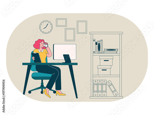 A young woman working remotely from her home office, focusing on productivity and freelancing. Workaholic illustrations. Flat vector concepts.