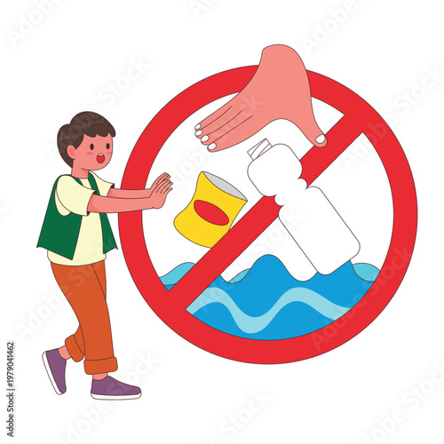 A boy mascot with a forbidden sign to stop littering in the river. Flat vector illustration for water pollution awareness, environmental health, and global responsibility.