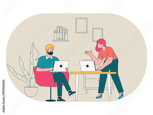 Two colleagues working in an office environment, possibly representing concepts like teamwork, workplace communication, or coworking. Workaholic illustrations. Flat vector concepts.